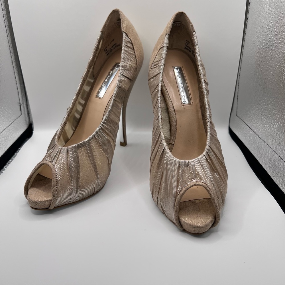 H by Halston Elegant Peep-Toe Heels in Shimmering Beige